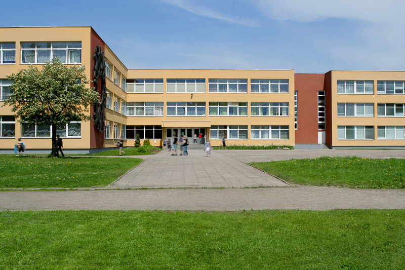Public,School,Building.,Exterior,View,Of,School,Building,With,Playground.